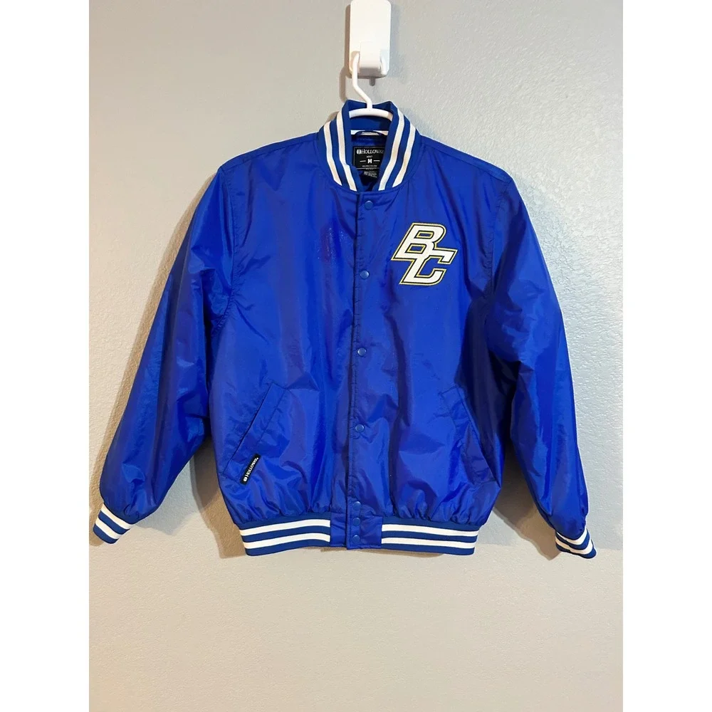 Holloway Mens Blue BC Varsity Bomber Jacket Snap Front Quilted Lined Medium